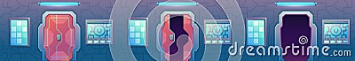 Spaceship sliding gate, futuristic laboratory door open animation. Closed spacecraft, shuttle metal entrance. Sci-fi Vector Illustration