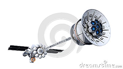 Spaceship with solar panels, alien UFO spacecraft in flight isolated on white background, rear bottom view, 3D rendering Stock Photo