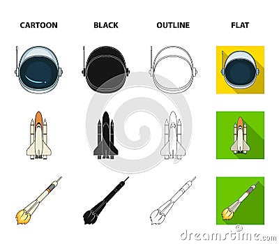 A spaceship in space, a cargo shuttle, A launch pad, an astronaut helmet. Space technology set collection icons in Vector Illustration