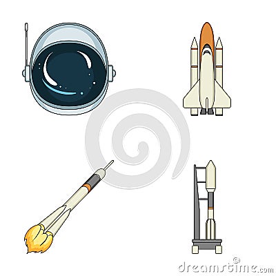 A spaceship in space, a cargo shuttle, A launch pad, an astronaut`s helmet. Space technology set collection icons in Vector Illustration