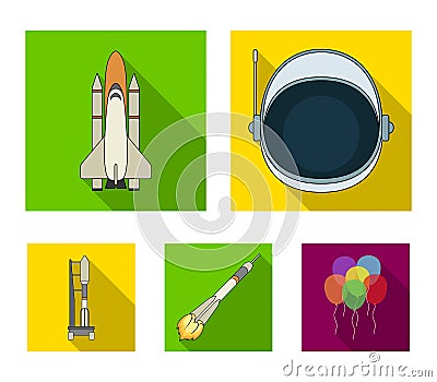 A spaceship in space, a cargo shuttle, A launch pad, an astronaut`s helmet. Space technology set collection icons in Vector Illustration