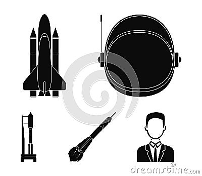 A spaceship in space, a cargo shuttle, A launch pad, an astronaut`s helmet. Space technology set collection icons in Vector Illustration