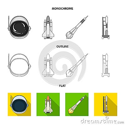 A spaceship in space, a cargo shuttle, A launch pad, an astronaut s helmet. Space technology set collection icons in Vector Illustration