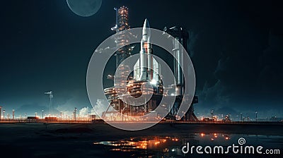 Spaceship is on space launch pad before start in future, big rocket on sky background at night. Concept of travel, technology, Stock Photo