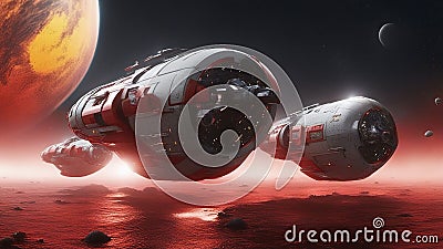 spaceship in space A sci-fi combat setting where two space pods hover over a red ocean that has acid splashes. Stock Photo