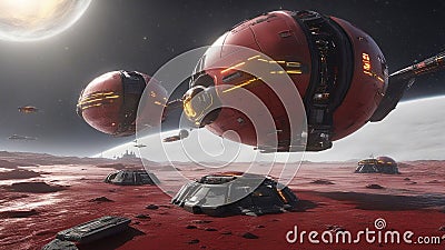 spaceship in space _A sci-fi combat setting where two space pods hover over a red ocean that has acid splashes. Stock Photo