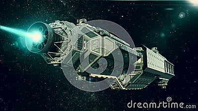 Spaceship in space, spacecraft flying through the universe with a bright star in distance, bottom rear view Stock Photo