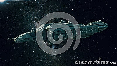 Spaceship in space, spacecraft flying through the universe Stock Photo