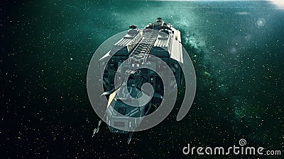 Spaceship in space, spacecraft flying through the universe Stock Photo