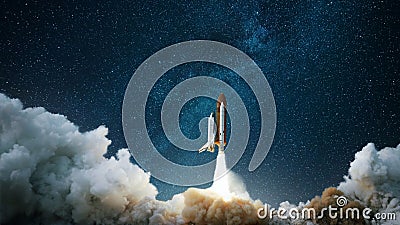 Spaceship takes off into the starry sky. Rocket starts into space. Concept. Stock Photo