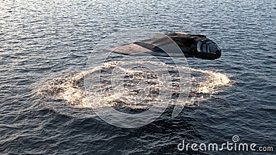 A spaceship takes off from under water on an unknown planet. Futuristic space sci-fi. 3D Rendering Stock Photo