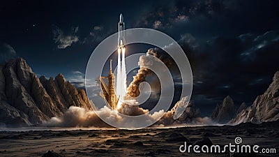 A Spaceship takes off from an unknown planet in the sky into infinite space amidst flames and clouds of smoke Stock Photo