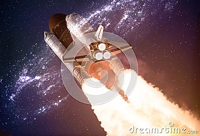 Spaceship taking off on a mission throw the warmhole portal in outer space. Stock Photo