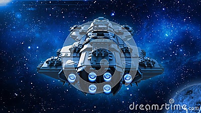 Spaceship traveling in deep space, alien UFO spacecraft flying in the Universe with planet and stars, back view, 3D render Stock Photo