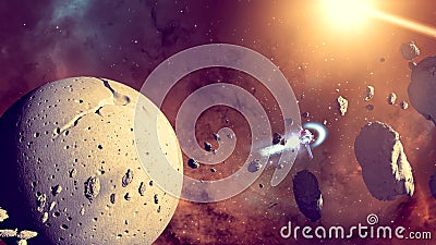 Spaceship traveling between exoplanets of other galaxies, asteroids and meteorites around a planet Stock Photo