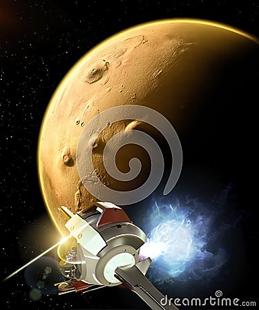 Spaceship traveling between planets of distant galaxies. Mars, details and particulars of the Martian surface Stock Photo