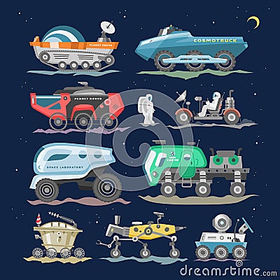 Spaceship vector lunar-rover or moon-rover and spacecraft with spaceman exploring moon illustration exploration set of Vector Illustration