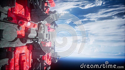 Spaceship with View on Space and Planet Earth Stock Photo