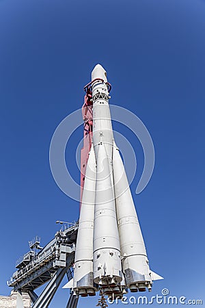 Spaceship Vostok monument to the first Soviet rocket shown at VDNKH park in Moscow, Russia Editorial Stock Photo