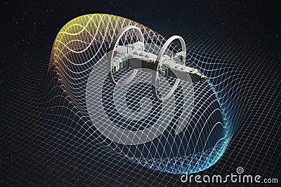 Spaceship with warp drive in curved hyper space. 3D rendered illustration. Cartoon Illustration