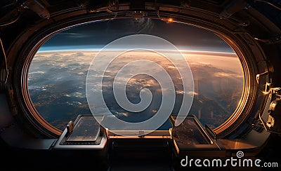 spaceship window with sunrise over planet view, space station porthole illuminator with planetary sunset view, astronomy Stock Photo