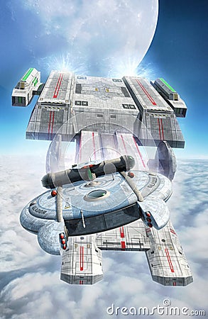 Spaceships chase in cloudy sky Cartoon Illustration