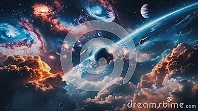 Spaceships exploring colorful nebulae and planets in deep space Stock Photo