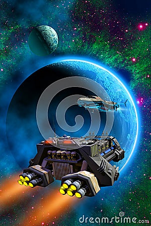 Spaceships flying around an alien planet with a moon, in the background stars and nebula, 3d illustration Stock Photo