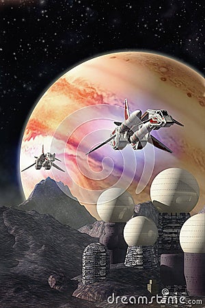 Spaceships and Jupiter Moon colony Cartoon Illustration