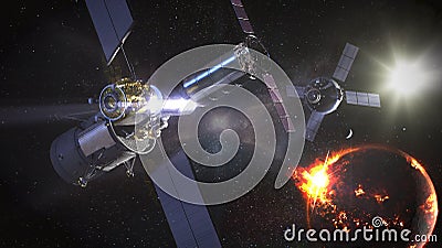 Spaceships near the sun, space travel concept. Stock Photo