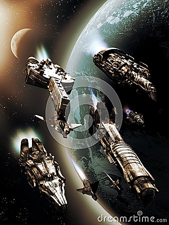 Spaceships over Earth Stock Photo