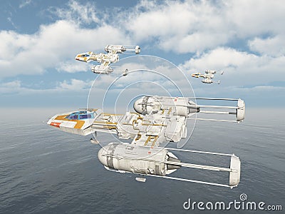 Spaceships over the ocean Cartoon Illustration