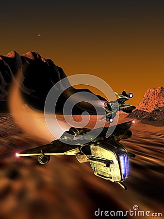 Spaceships race on planet Mars Stock Photo