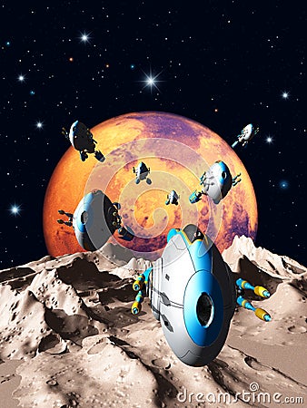 Spaceships in space, flying over a moon, 3d illustration Cartoon Illustration