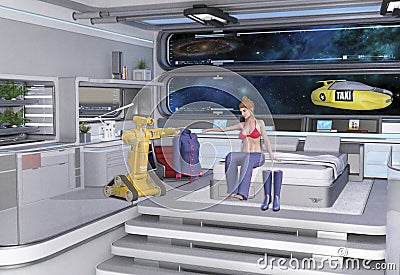 SpaceWoman in space station with robot Cartoon Illustration