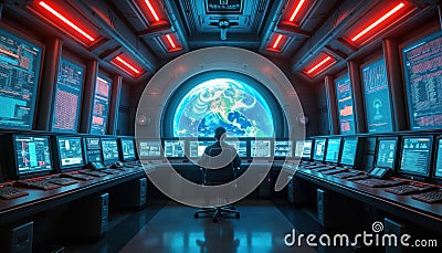 Spacious abandoned spacecraft control room. Person monitors multiple screens. Screens display data and digital information. Large Stock Photo