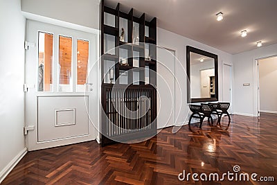 Spacious anteroom interior with large mirror and shiny brown par Stock Photo