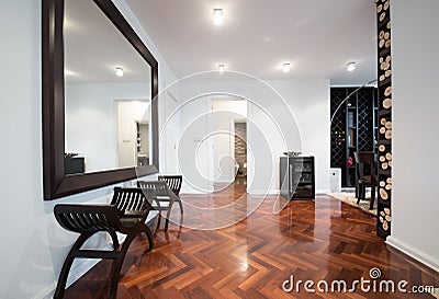 Spacious anteroom interior with large mirror and shiny brown par Stock Photo