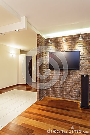 Spacious apartment - brick wall Stock Photo