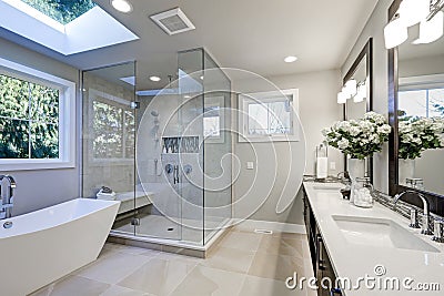 Spacious bathroom in gray tones with heated floors Stock Photo