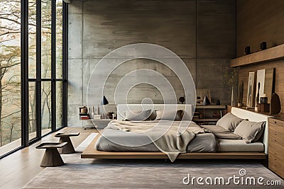 Spacious bed with a simple design and neutral bedding. Minimalist nightstands and lighting Stock Photo