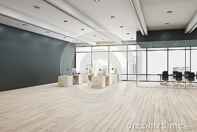 Spacious coworking office with huge window with city view, wooden floor and furniture and conference room with glass walls Stock Photo