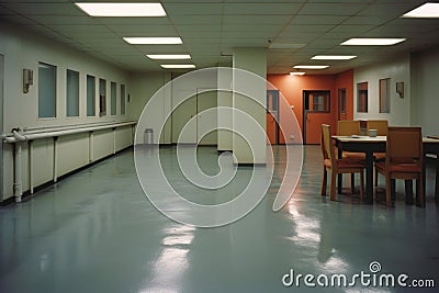 Spacious Empty Break Room with Glossy Floors and Orange Accents Stock Photo