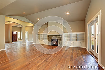 Spacious empty living room interior with vaulted ceiling Stock Photo