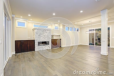 Spacious empty living room interior in white and gray colors. Stock Photo