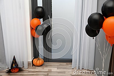 Spacious hallway with balloons and pumpkins for Halloween Stock Photo
