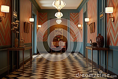 a spacious hallway with chevron floor patterns and ornate wall sconces Stock Photo