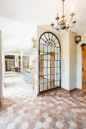 Spacious hallway with entrance to living room Stock Photo