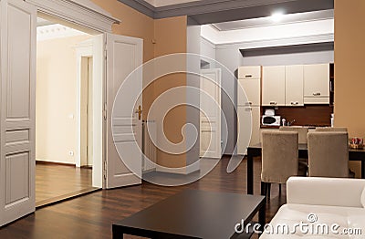 Spacious hotel apartment with kitchen Stock Photo