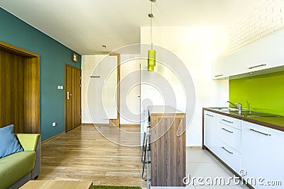 Spacious hotel room with kitchenette Stock Photo